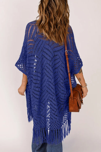 Openwork Open Front Cardigan with Fringes - adritiX