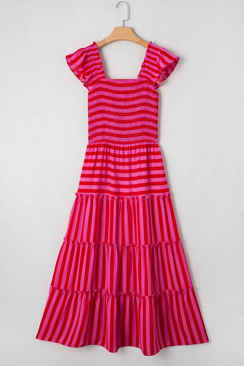 Stripe Flutter Sleeve Smocked Bodice Tiered Maxi Dress - adritiX