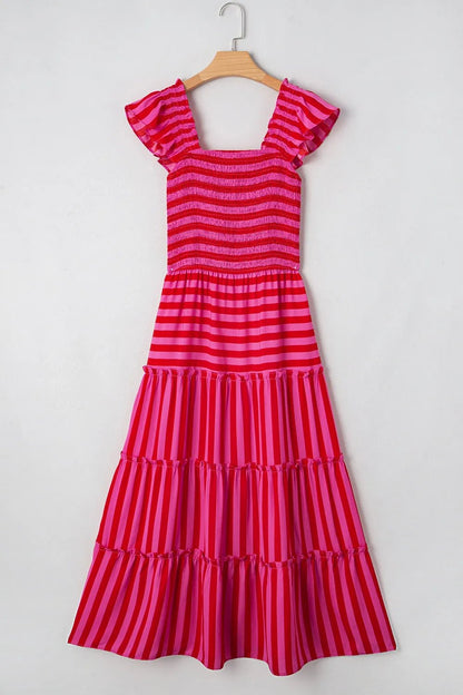 Stripe Flutter Sleeve Smocked Bodice Tiered Maxi Dress - adritiX