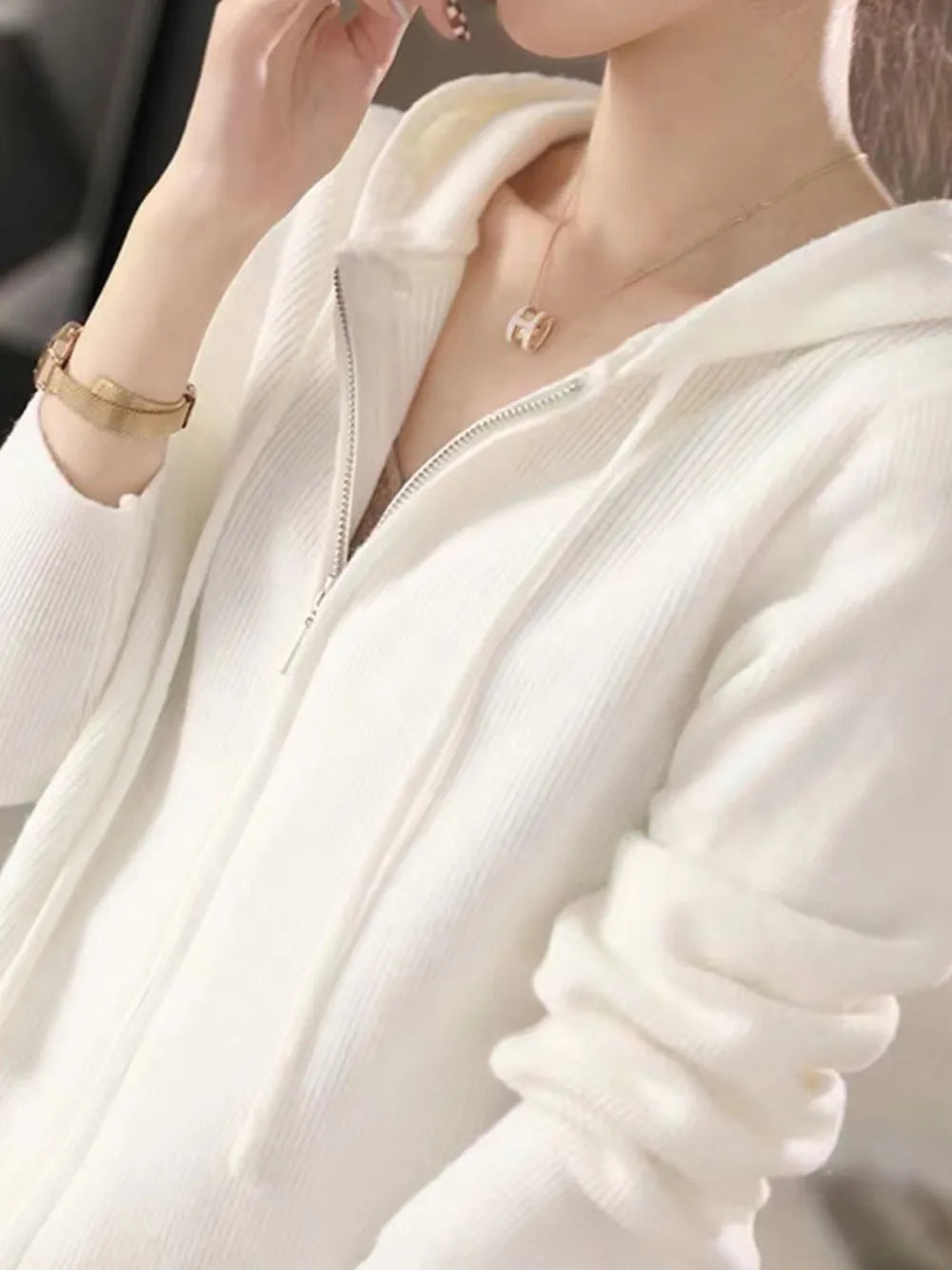 Drawstring Zip Up Long Sleeve Hooded Sweater - adritiX