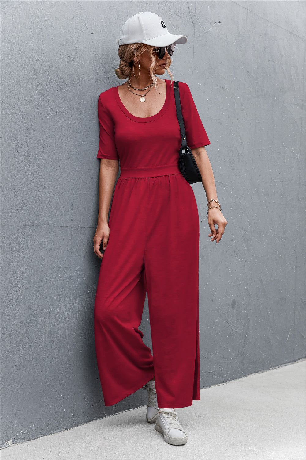 Elegant Scoop Neck Half Sleeve Wide Leg Jumpsuit - adritiX