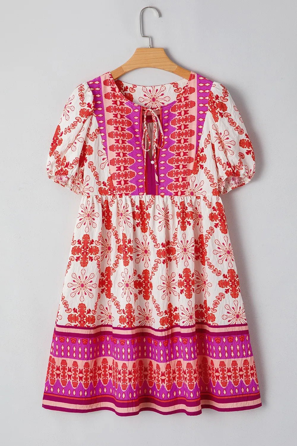 Boho Floral Short Sleeve Tie Neck Mini Dress - adritiX