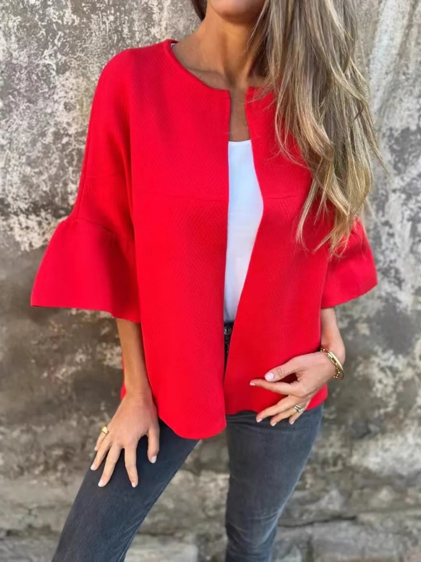 Full Size Bell Sleeve Open Front Cardigan Plus Size - adritiX