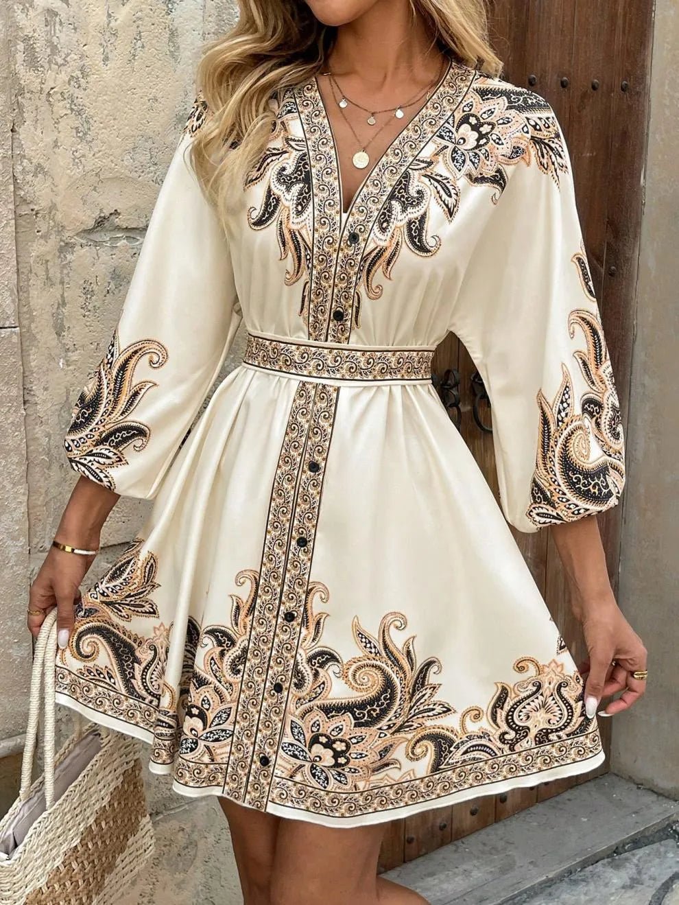 Paisley V-Neck 3/4 Sleeve Mini Dress - adritiX