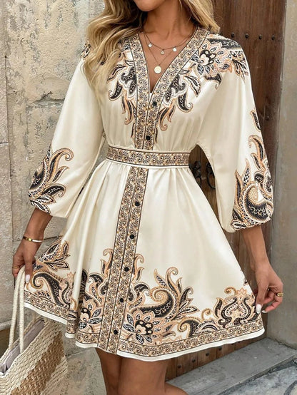 Paisley V-Neck 3/4 Sleeve Mini Dress - adritiX