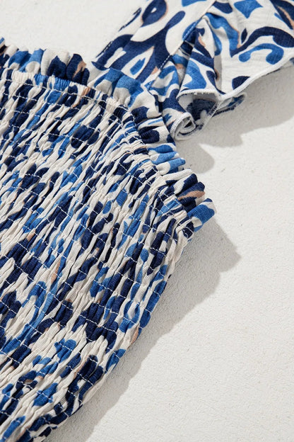 Smocked Printed Square Neck Dress - adritiX