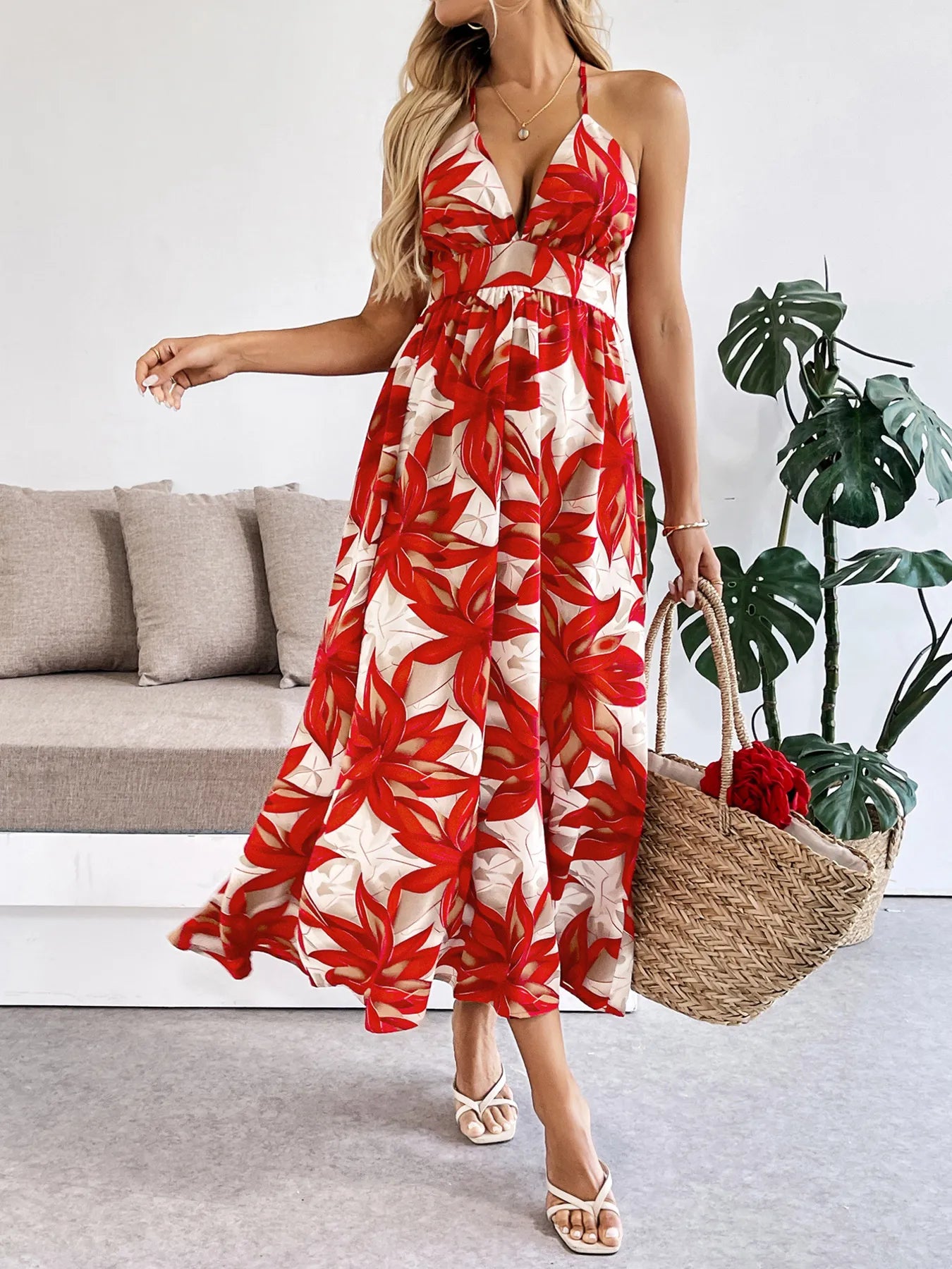 Crisscross Back Printed Midi Dress with Cutout Detail - adritiX