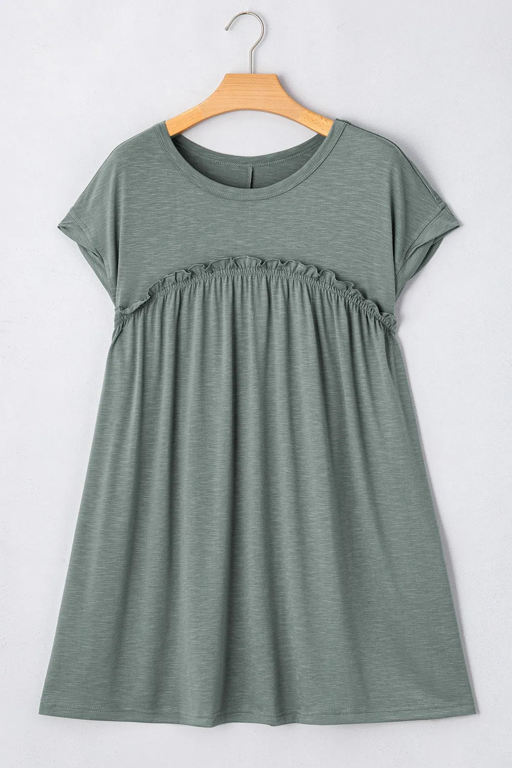 Frilled Gathered Seam Round Neck T Shirt Dress - adritiX