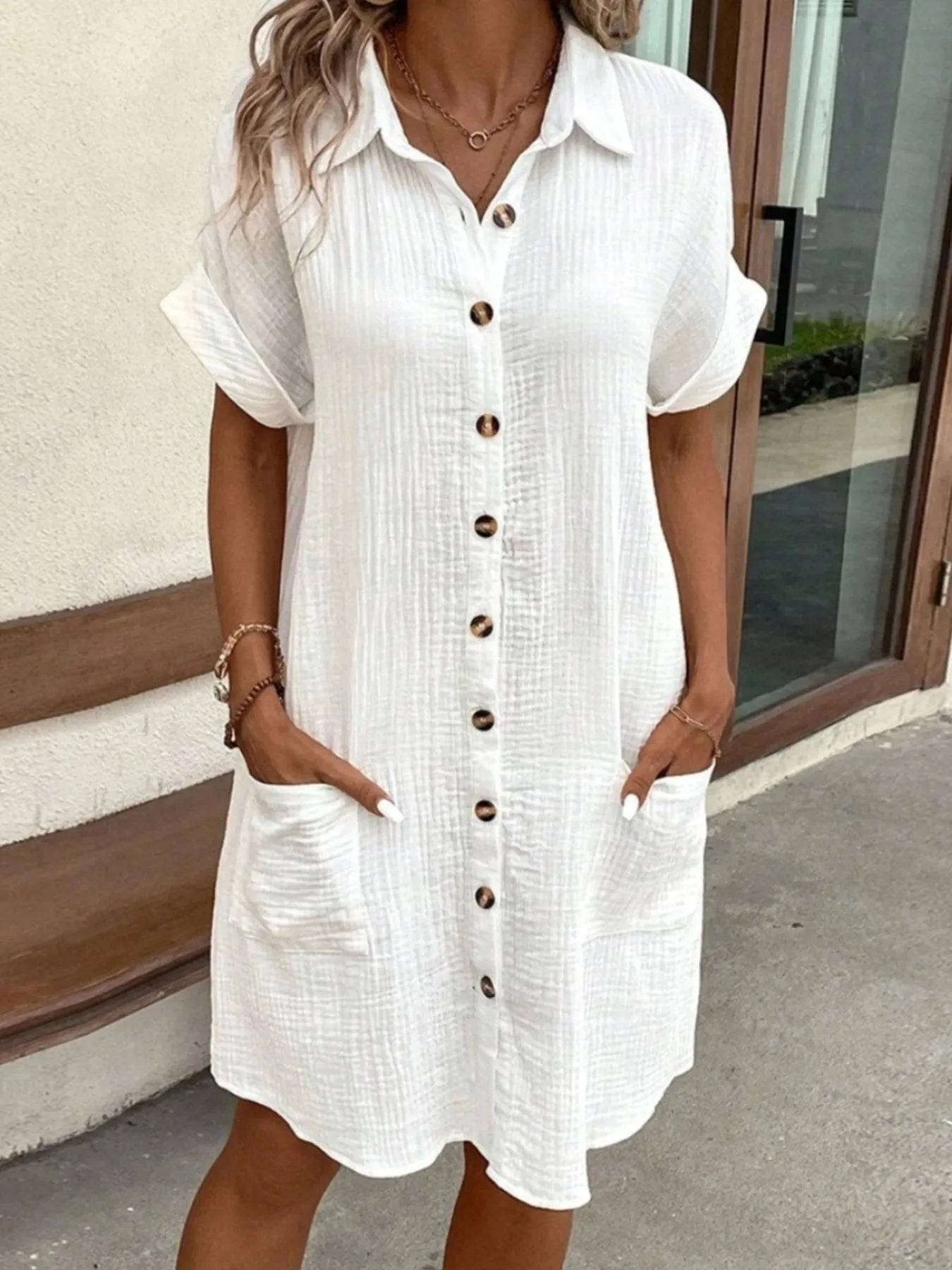 Casual Button Down Cotton Shirt Dress with Pockets - adritiX