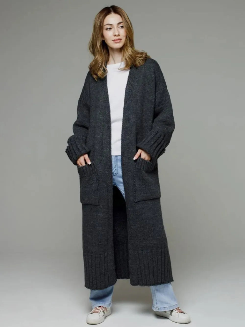 Pocketed Open Front Dropped Shoulder Cardigan - adritiX