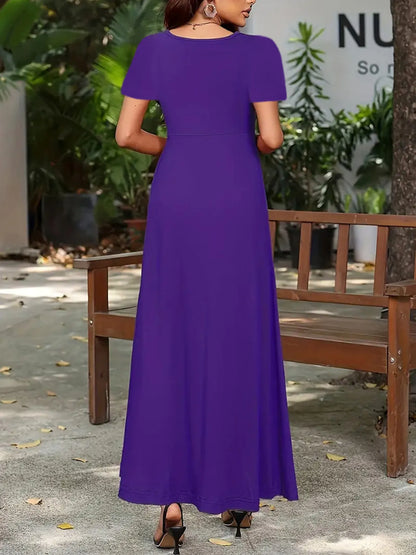 Full Size Round Neck Short Sleeve A-Line Maxi Dress Plus Size - adritiX