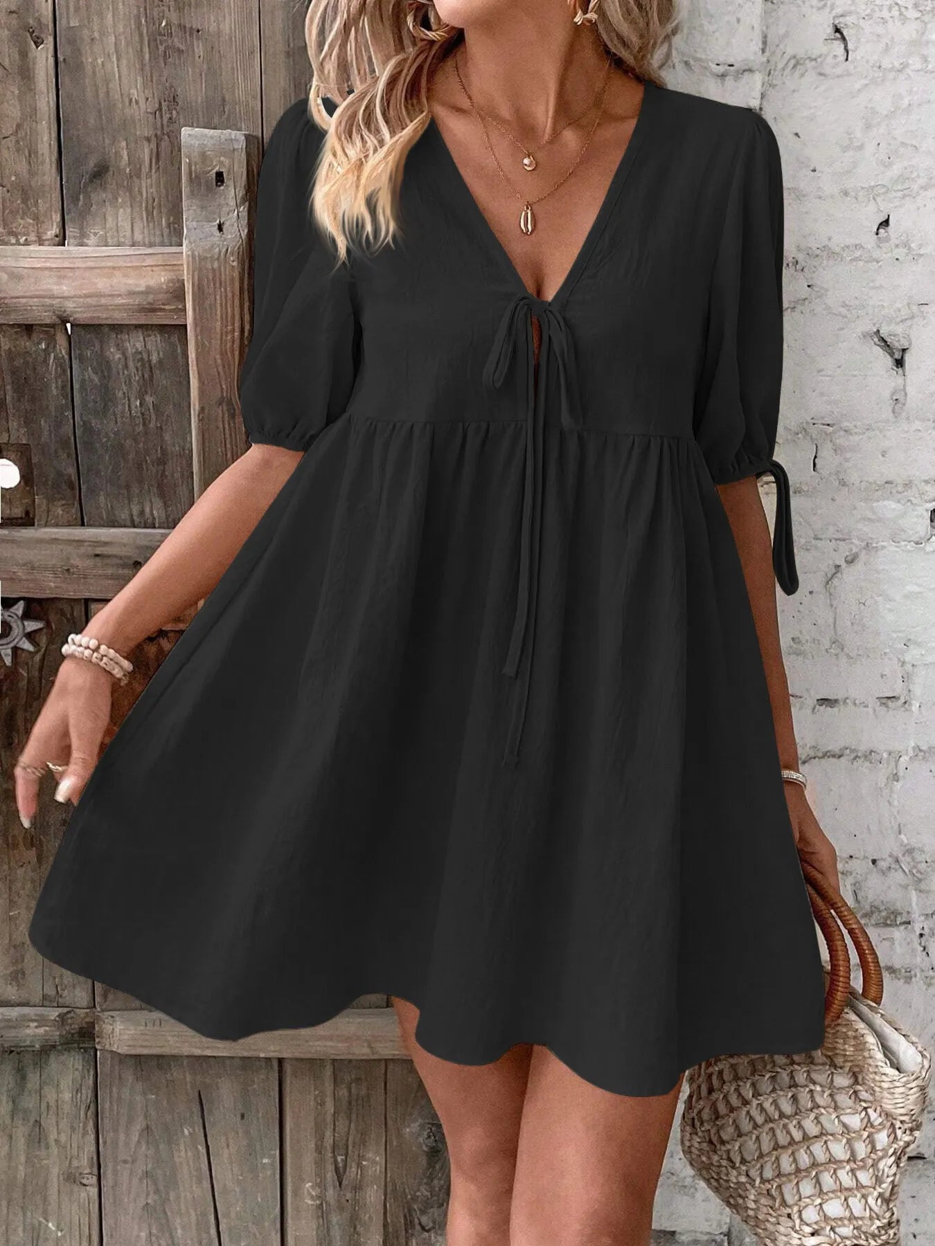 V-Neck Tie-Front Mini Dress with Puff Sleeves - adritiX