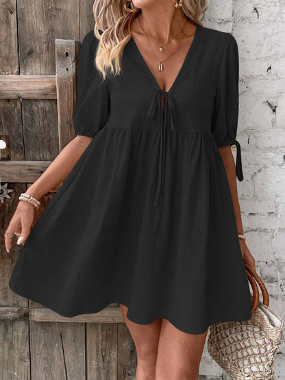 V-Neck Tie-Front Mini Dress with Puff Sleeves - adritiX