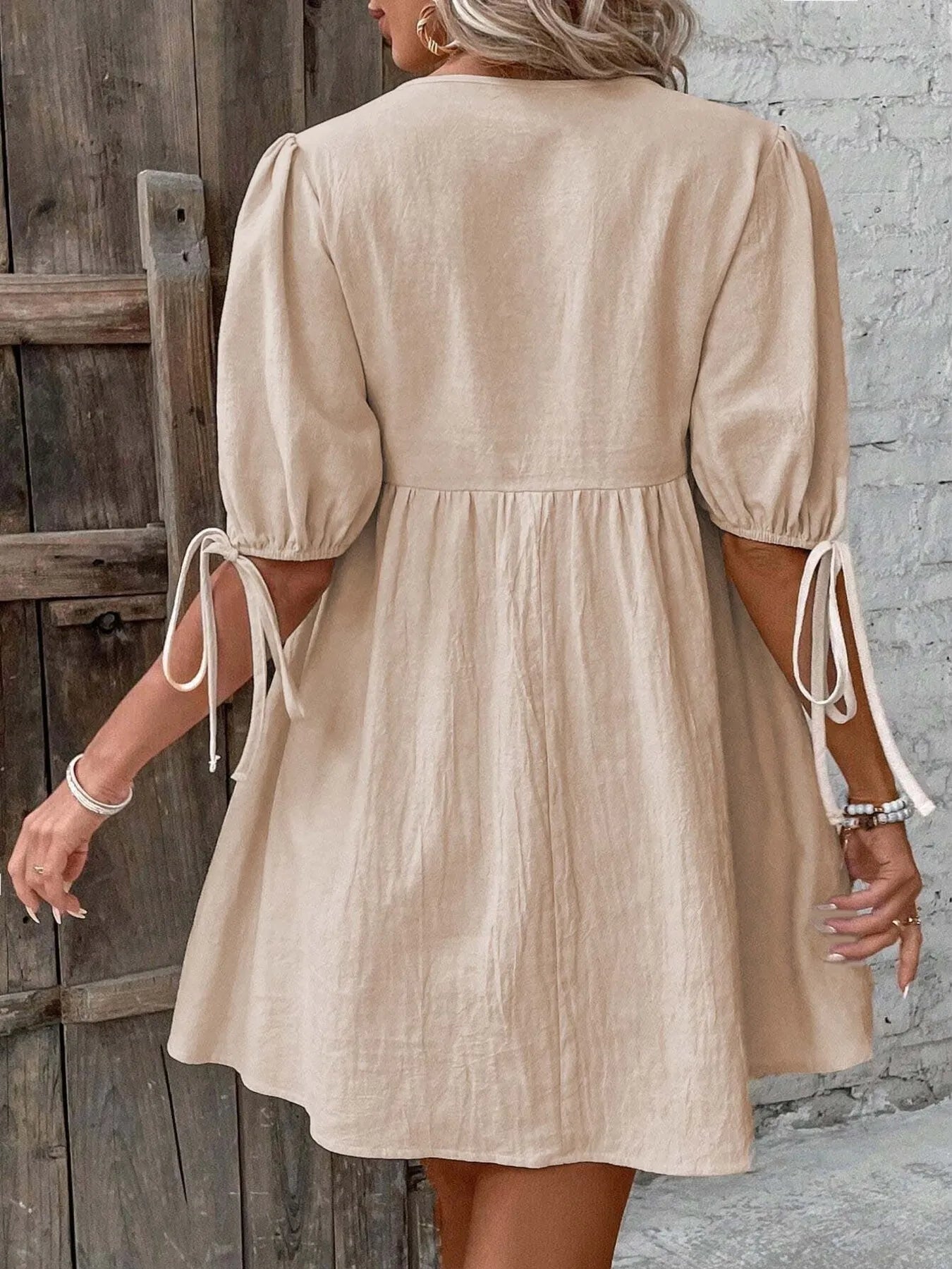 V-Neck Tie-Front Mini Dress with Puff Sleeves - adritiX