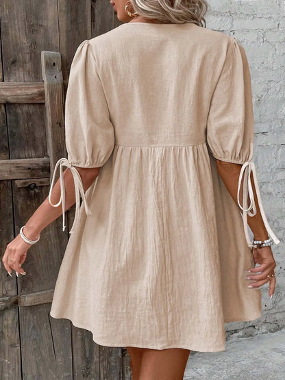 V-Neck Tie-Front Mini Dress with Puff Sleeves - adritiX