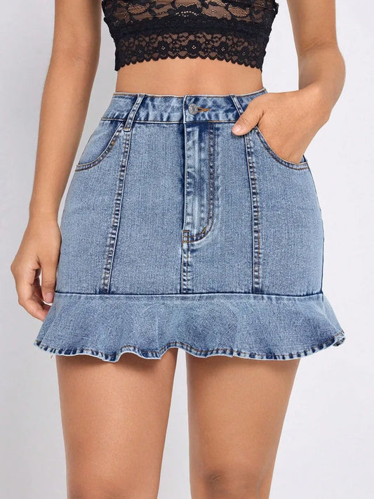 Ruffled Hem Denim Mini Skirt - adritiX