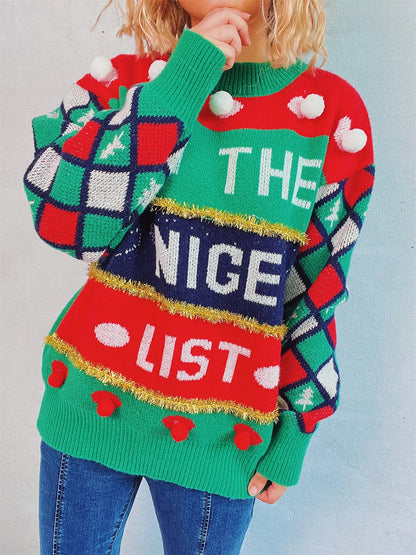 Pom-Pom Contrast Round Neck Long Sleeve Sweater - adritiX