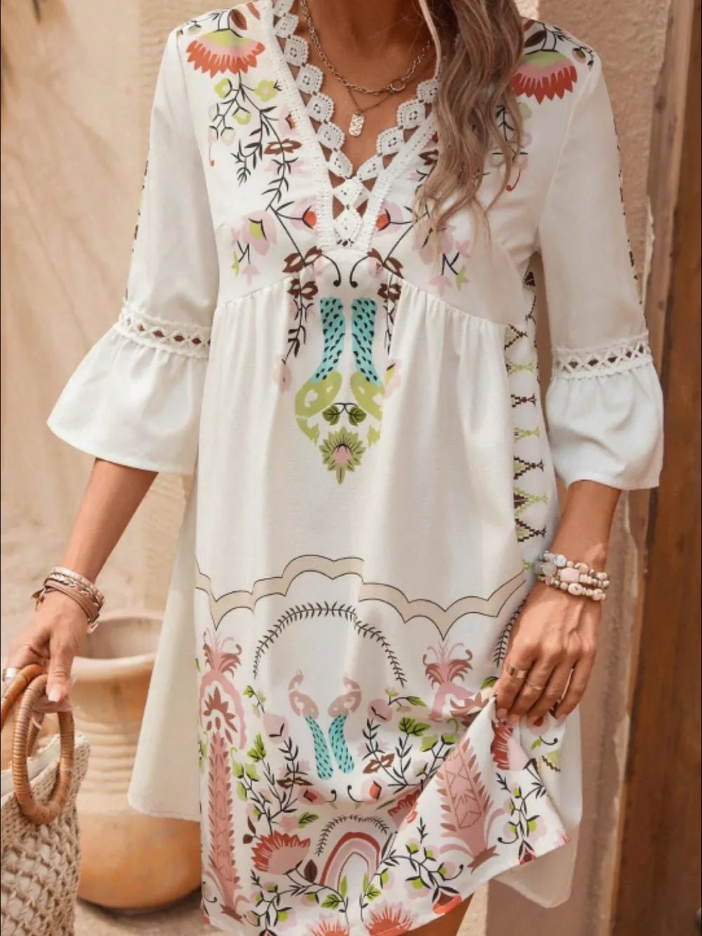 Lace Detail Printed Three-Quarter Sleeve Dress - adritiX