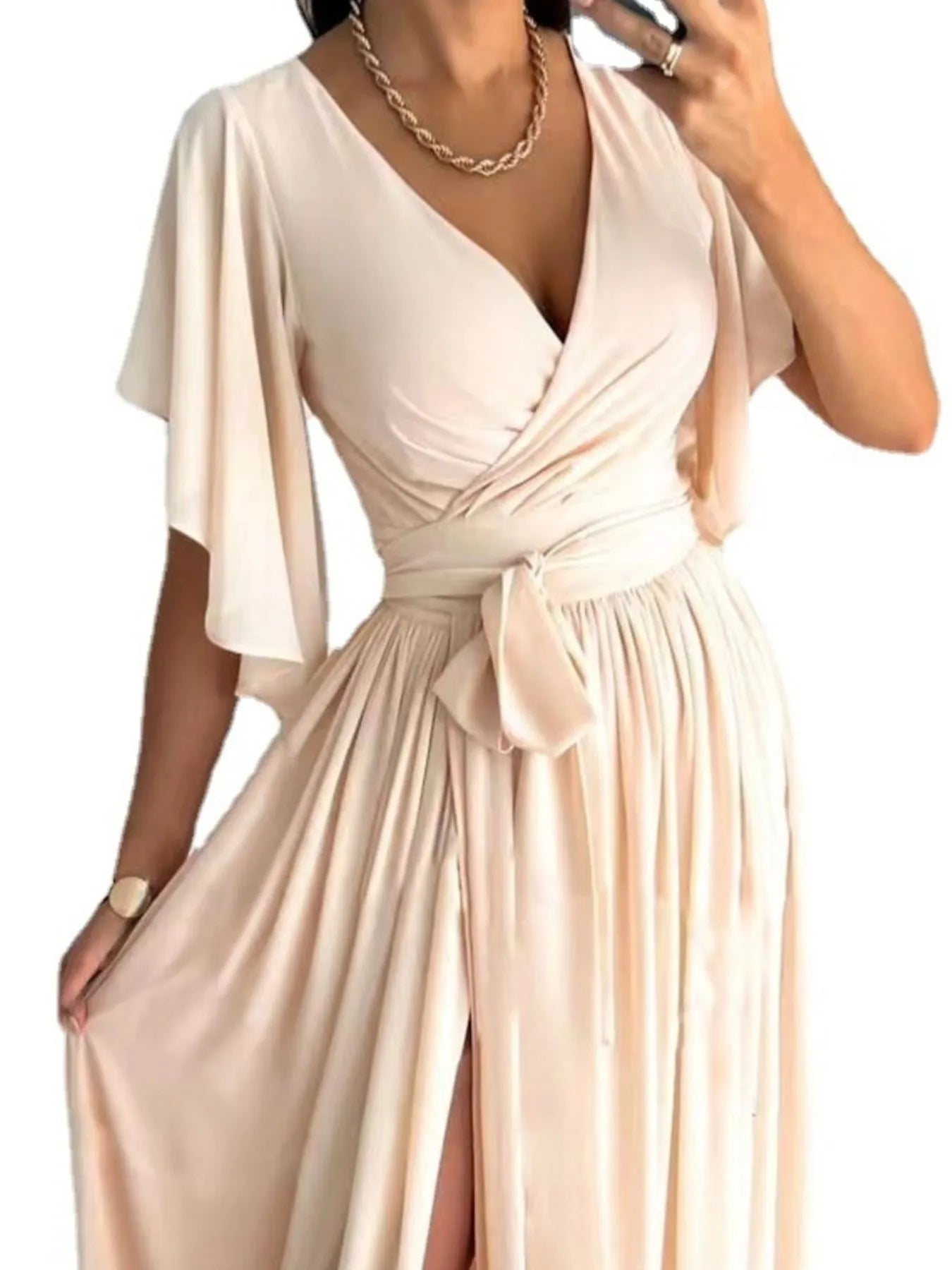 Flutter Sleeve Surplice Tie Waist Dress - adritiX