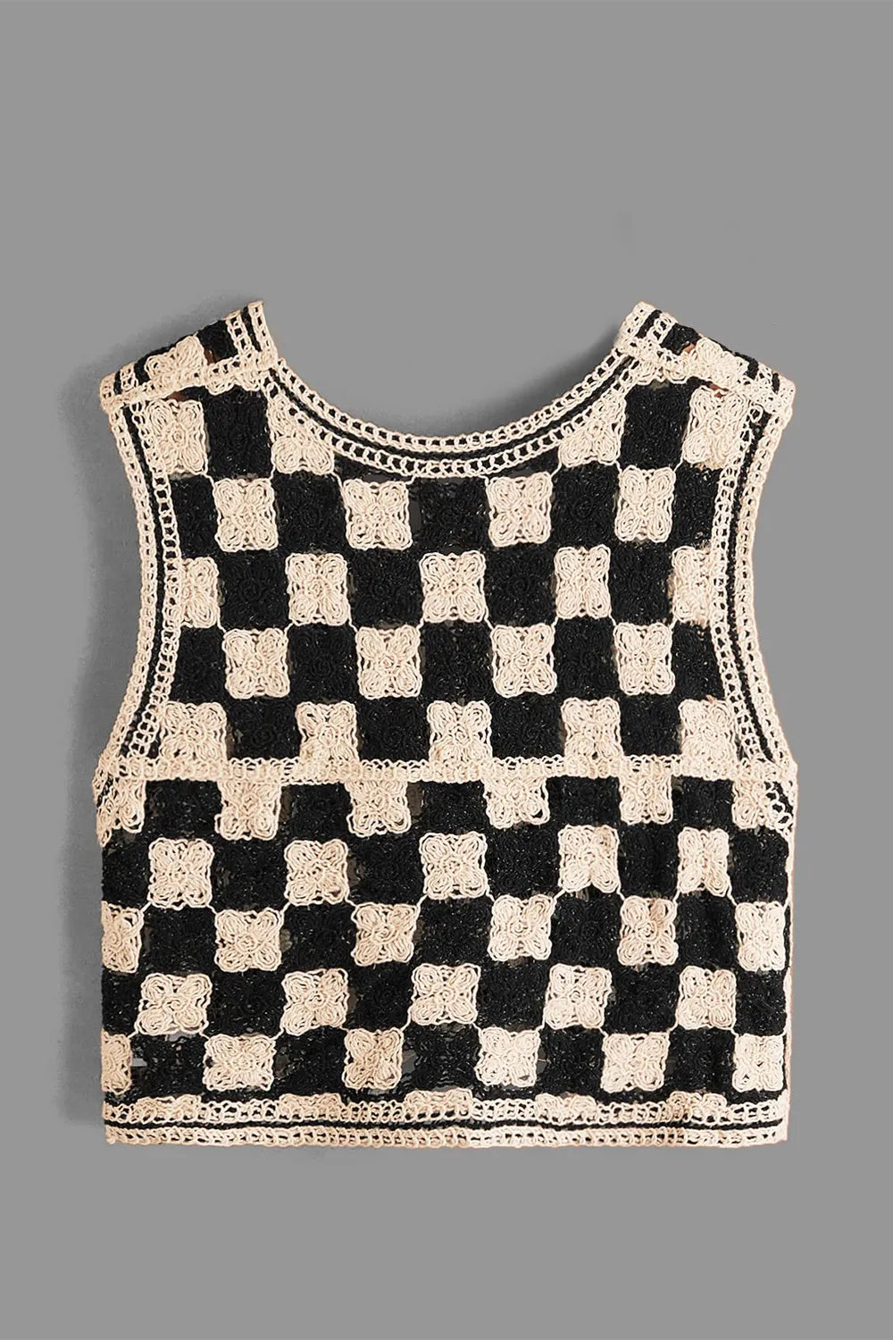 Crochet Checkered V-Neck Button Up Vest - adritiX