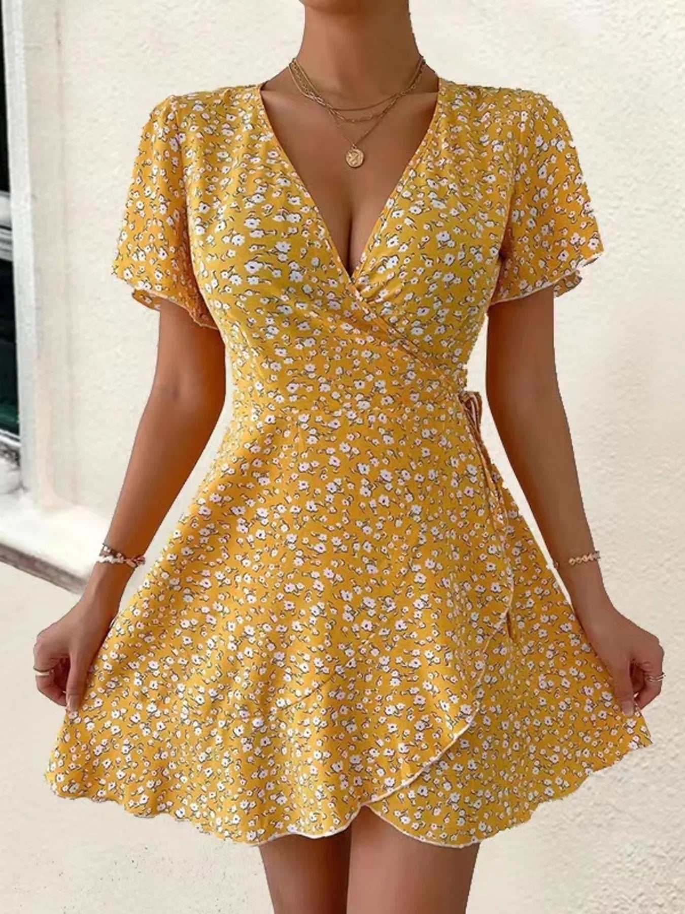 Floral Flutter Sleeve Wrap Mini Dress - adritiX