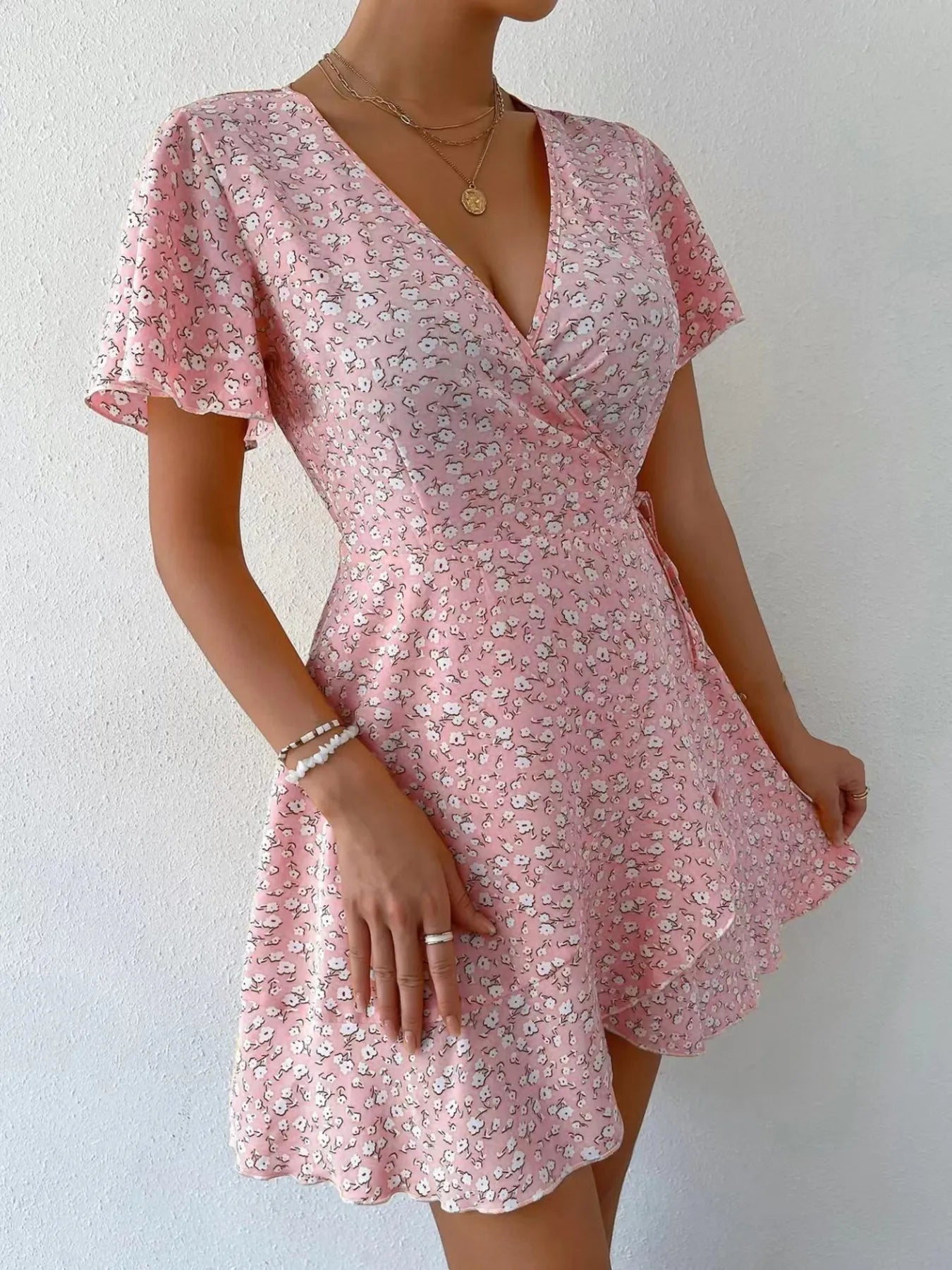 Floral Flutter Sleeve Wrap Mini Dress - adritiX