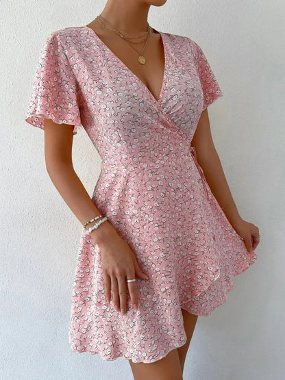 Floral Flutter Sleeve Wrap Mini Dress - adritiX