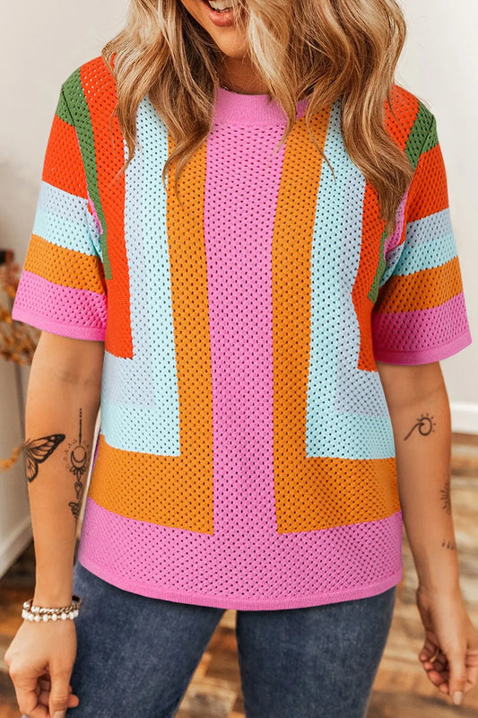 Color Block Eyelet Casual Knit Top - adritiX