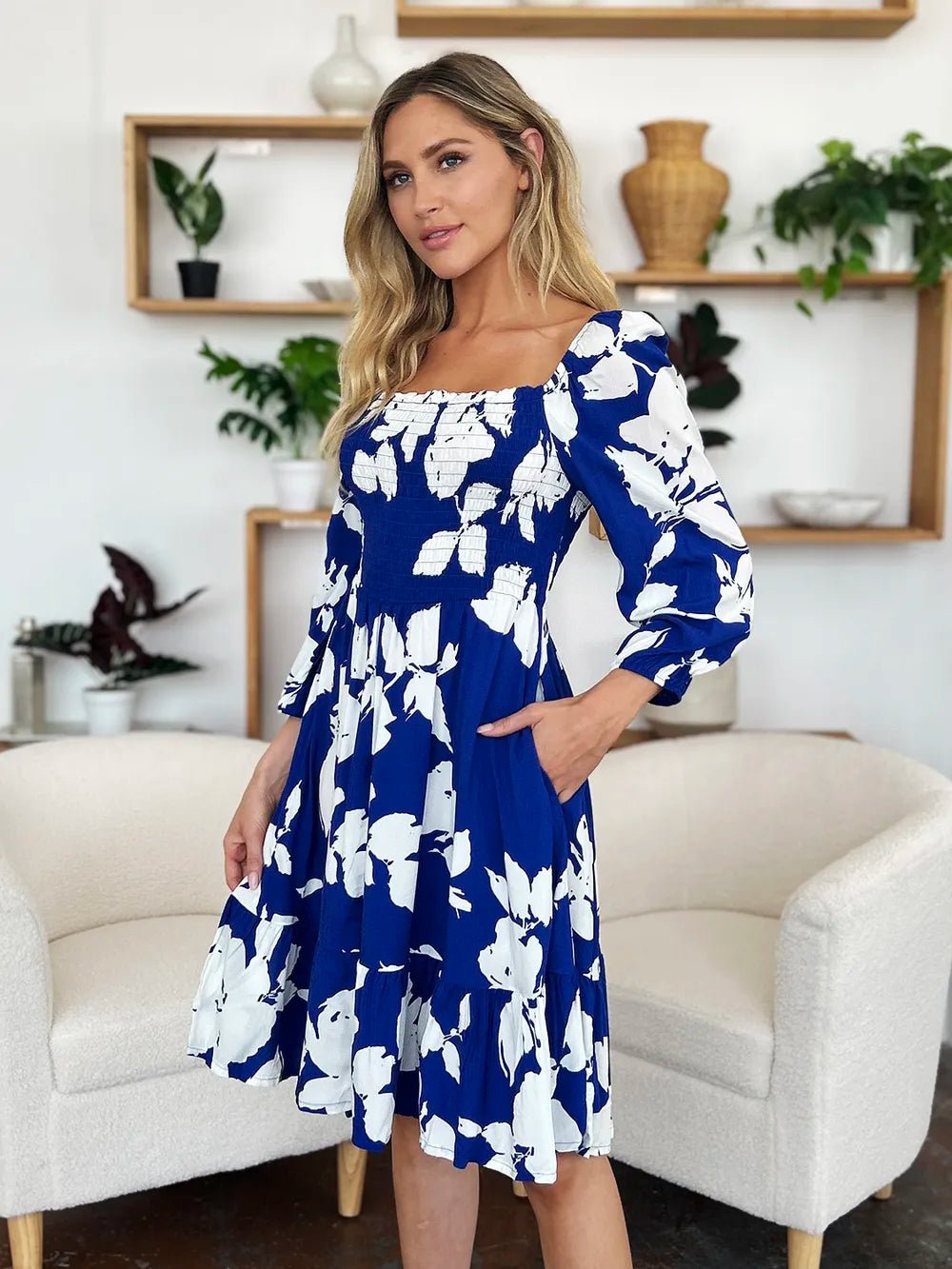 Double Take Full Size Floral Ruffle Hem Smocked Dress with Pockets - adritiX