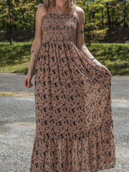 Printed Smocked Bodice Maxi Dress - adritiX