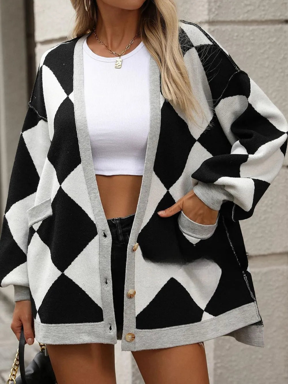 Color Block Button Down Long Sleeve Cardigan - adritiX