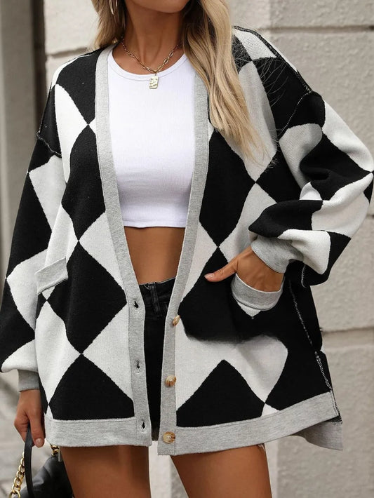 Color Block Button Down Long Sleeve Cardigan - adritiX
