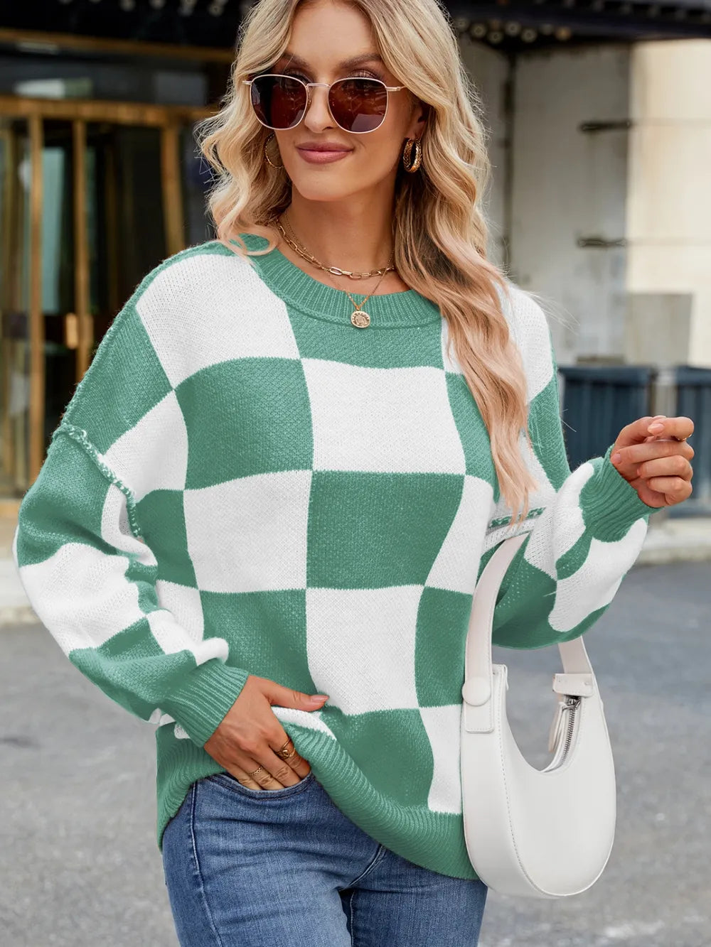 Checkered Round Neck Long Sleeve Sweater - adritiX