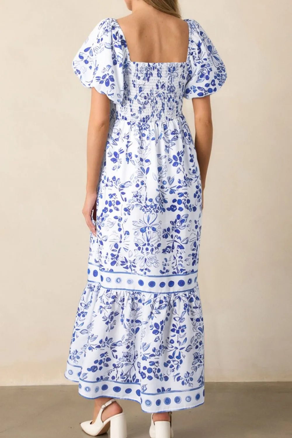Smocked Printed Square Neck Puff Sleeve Dress - adritiX