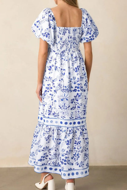 Smocked Printed Square Neck Puff Sleeve Dress - adritiX