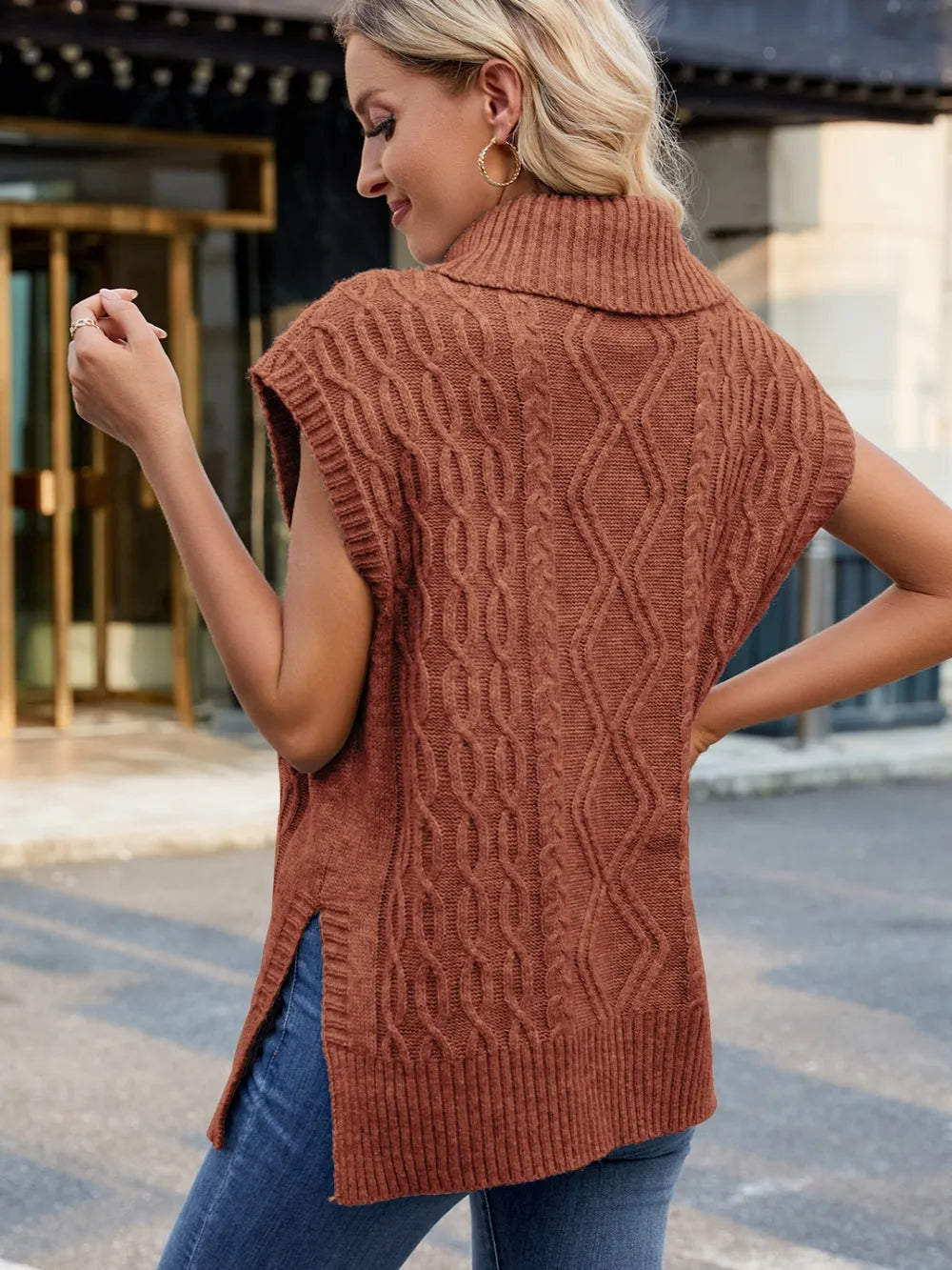 Side Slit Turtleneck Sweater Vest - adritiX