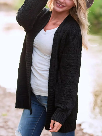 Cable-Knit Open Front Long Sleeve Cardigan - adritiX