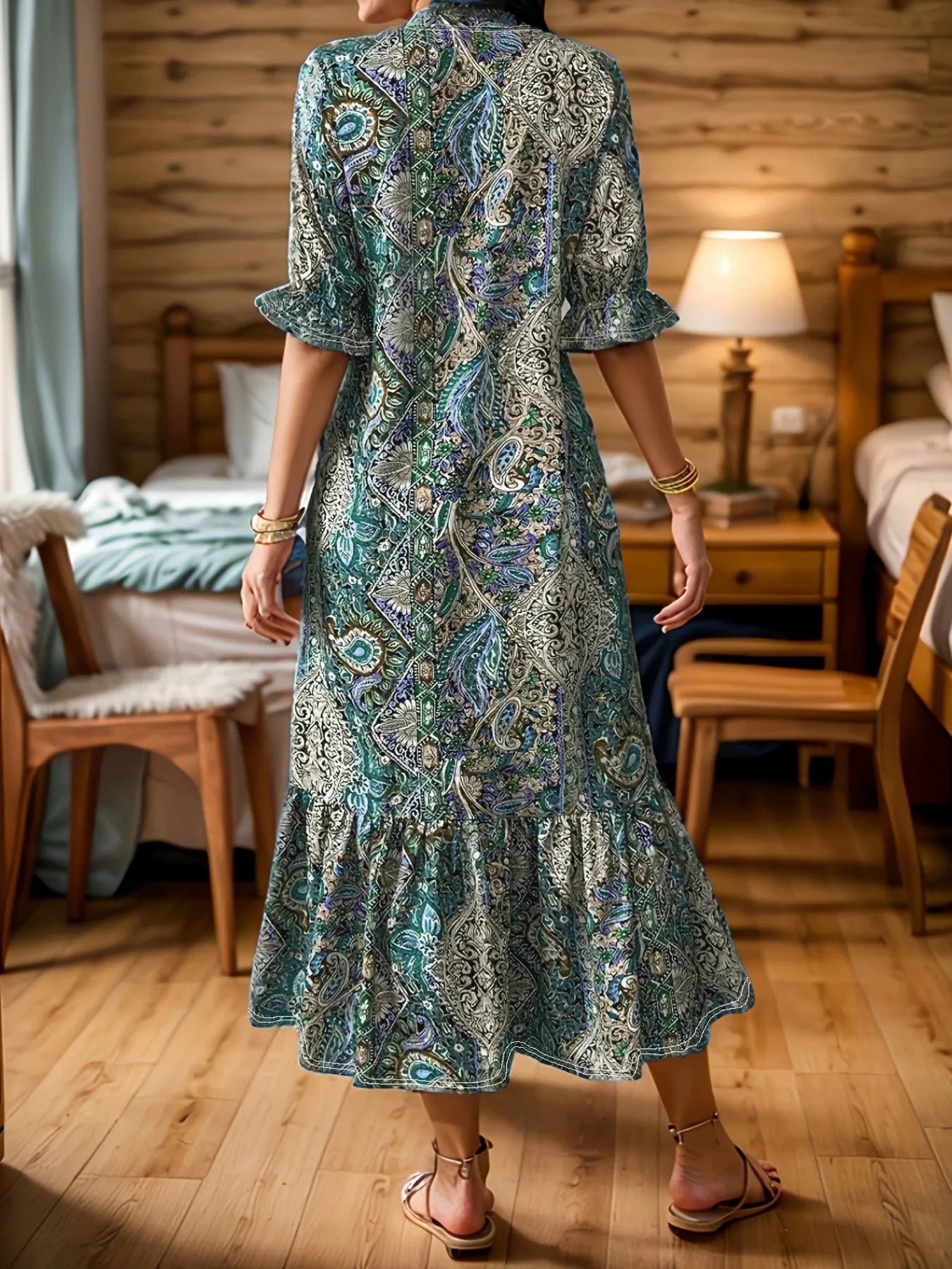 Full Size Bohemian Paisley Print Ruffle Hem Midi Dress Plus Size - adritiX