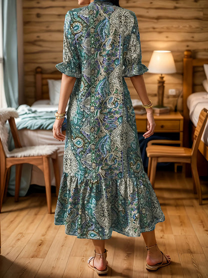 Full Size Bohemian Paisley Print Ruffle Hem Midi Dress Plus Size - adritiX