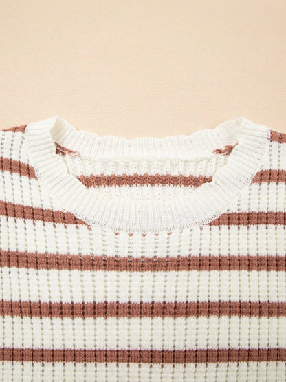 Stripe Scalloped Round Neck Short Sleeve Sweater - adritiX