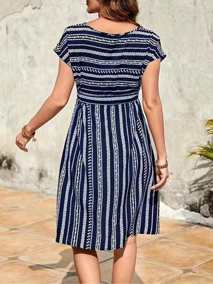 Striped Round Neck Short Sleeve Casual Dress - adritiX