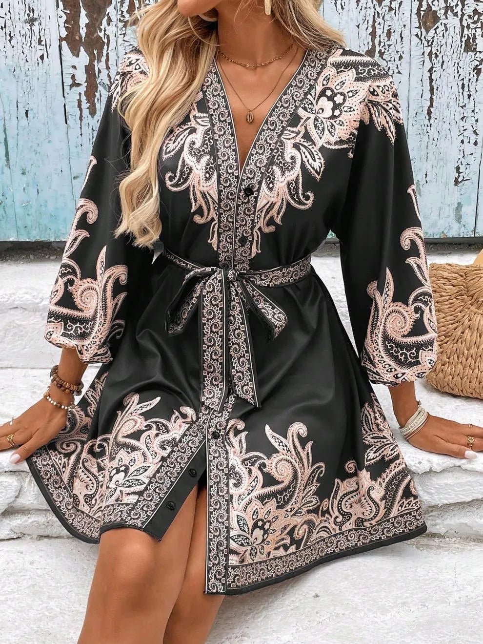 Paisley V-Neck 3/4 Sleeve Mini Dress - adritiX