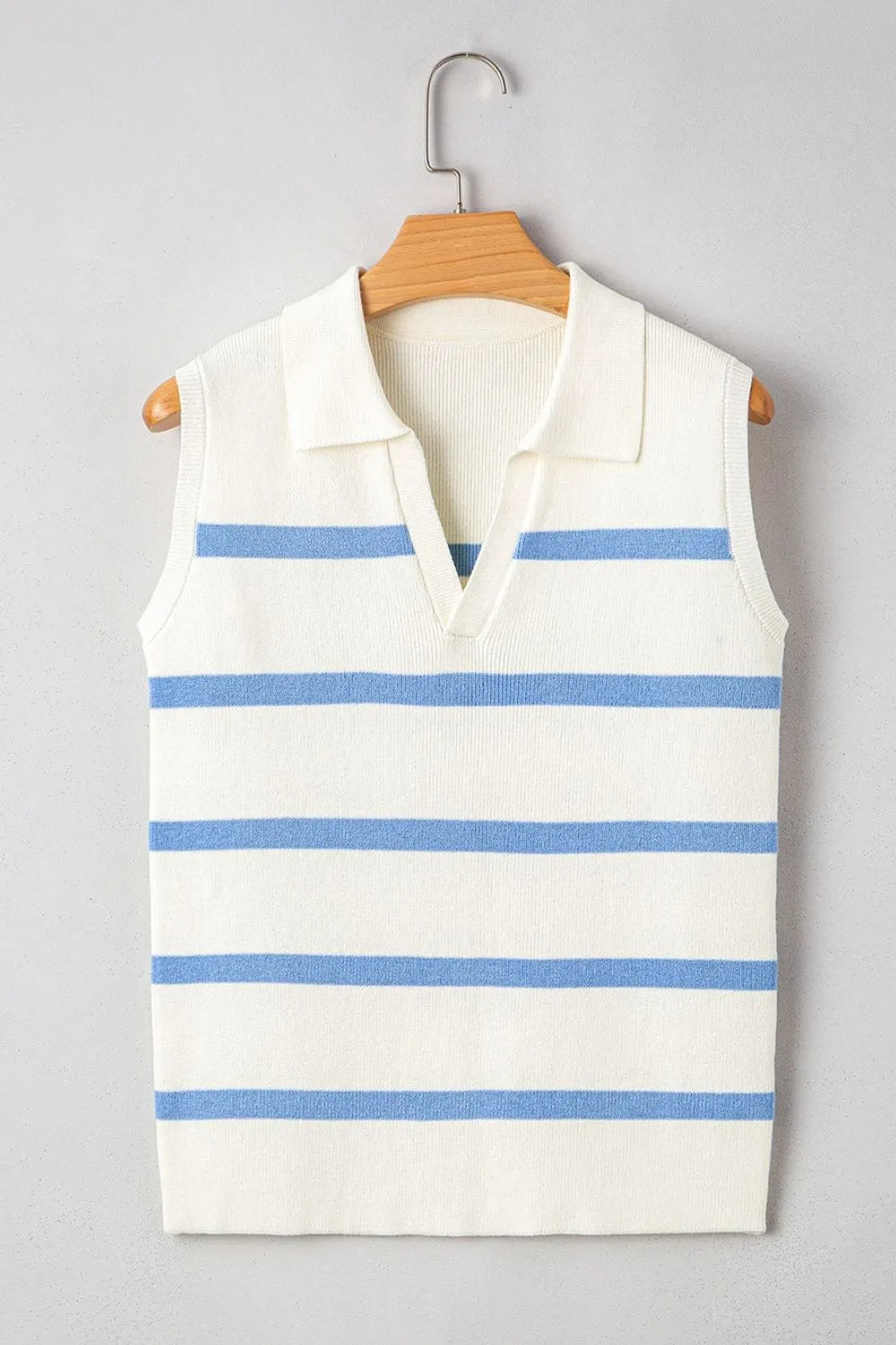 Stripe Split V Neck Collared Ribbed Sweater Vest - adritiX