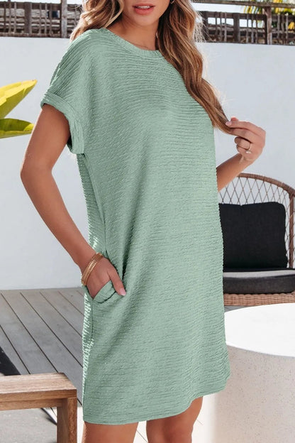 Solid Color Textured Crinkle Short Sleeve T Shirt Dress - adritiX
