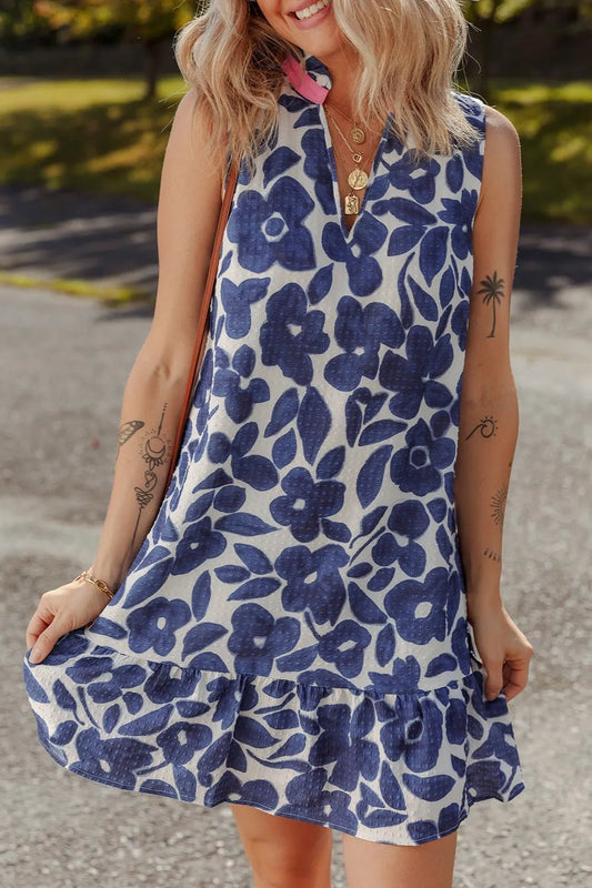 Floral Sleeveless Color Block Notched V Neck Mini Dress - adritiX