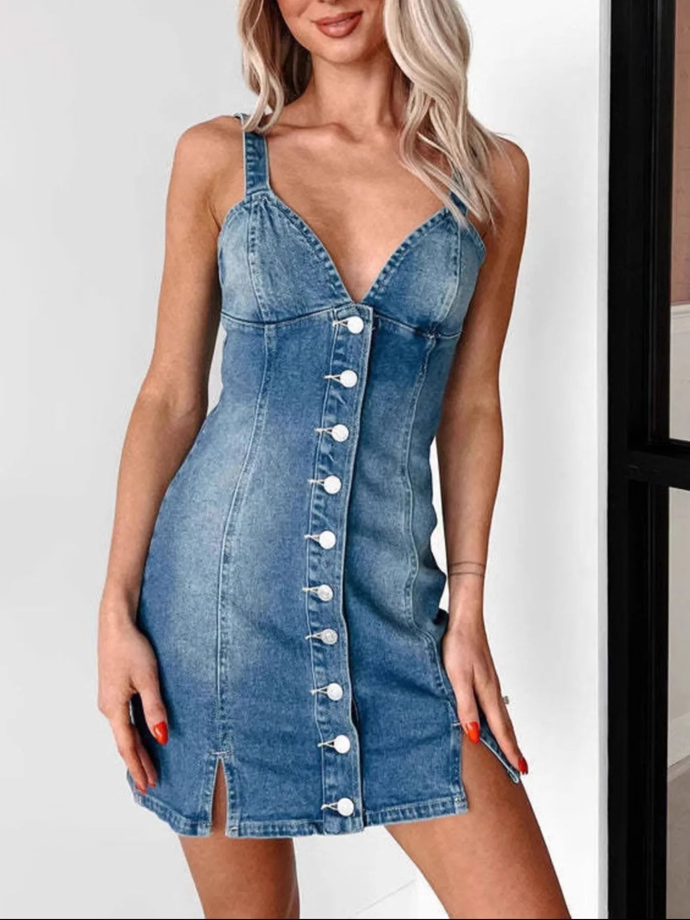 Button Front Sweetheart Neck Denim Mini Dress - adritiX