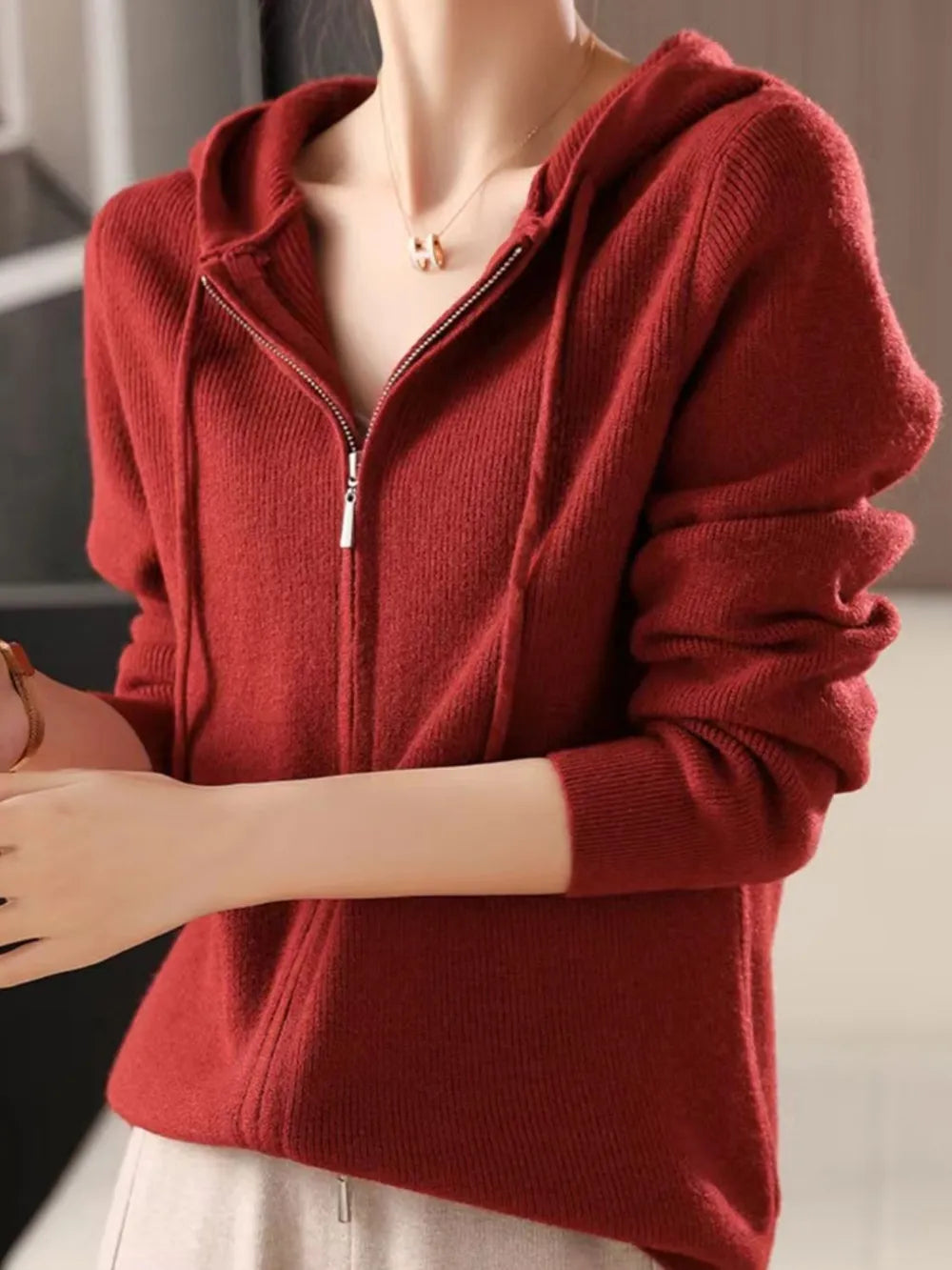 Drawstring Zip Up Long Sleeve Hooded Sweater - adritiX