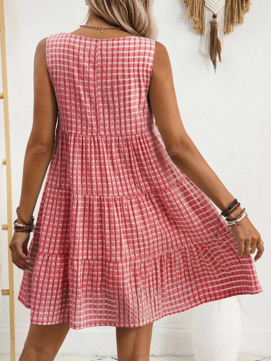 Plaid Round Neck Sleeveless Mini Dress - adritiX