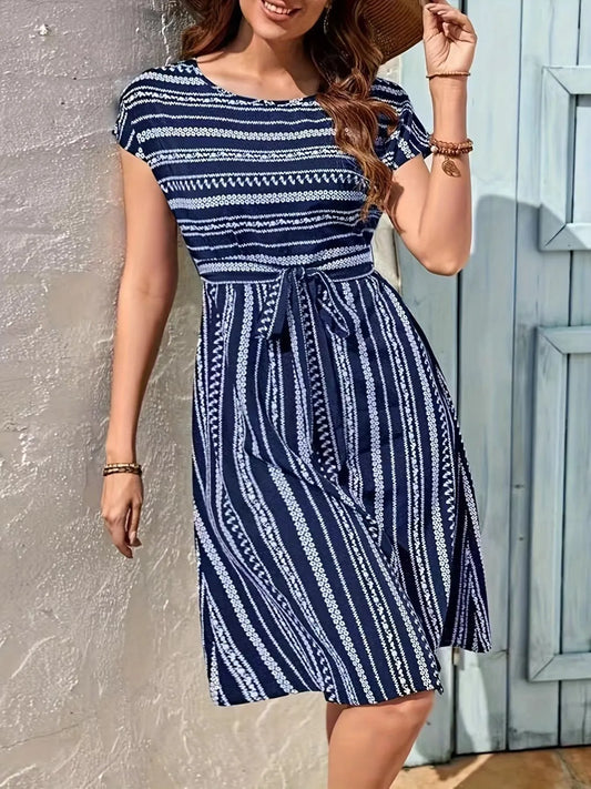 Striped Round Neck Short Sleeve Casual Dress - adritiX