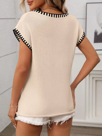 Contrast Trim V-Neck Knit Top - adritiX